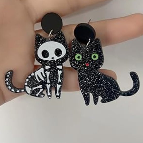 Black Cat X-Ray Skeleton Earrings Acrylic Skeletons Cats Halloween Kitty New - Picture 6 of 7